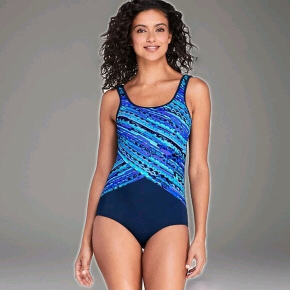 Lands End One Piece Swimsuit 10 Blue Geometric Print Soft Cup Chlorine Resistant - Picture 1 of 8